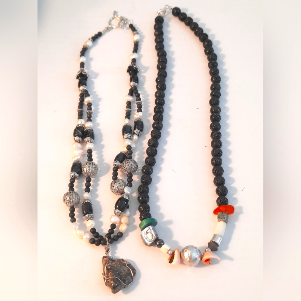 925 Silver With Pearls,,vulcanic Lava Beads Black Onix Coral  Malakite,neclases